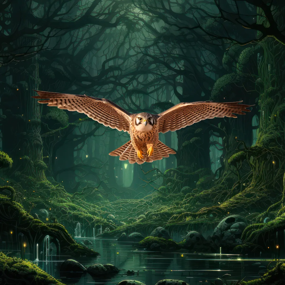 Falke im Flug durch einen mystischen Wald